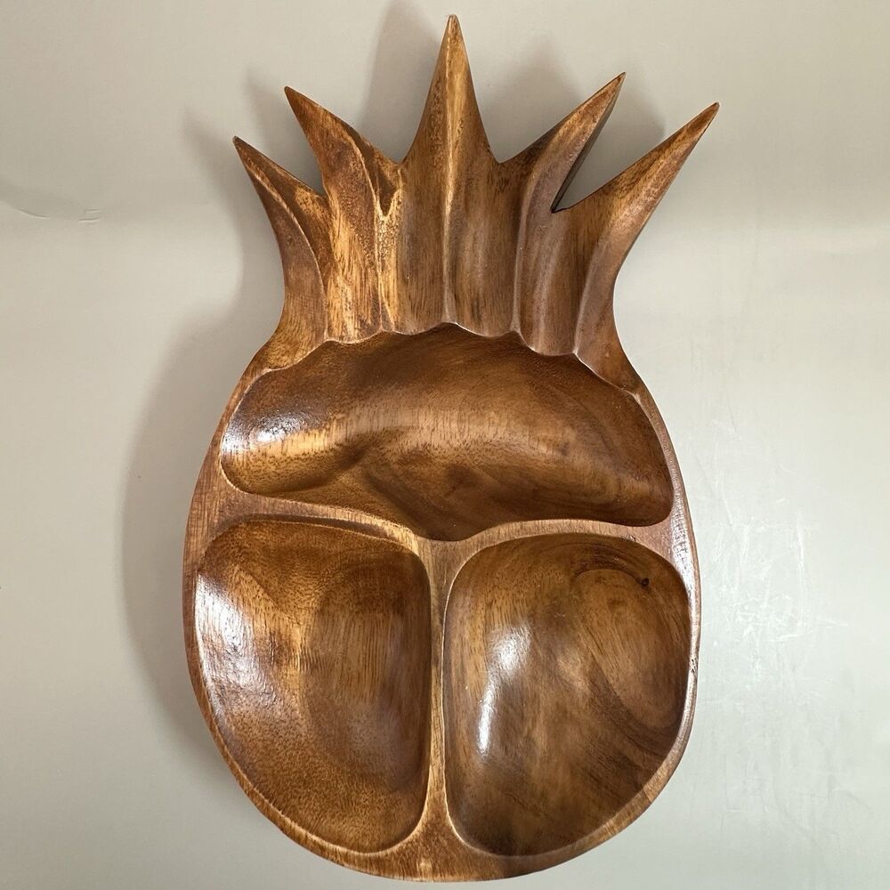 Vintage TropEco Hawaii Monkey Pod Wood Pineapple Divided Serving Tray Tiki MCM
